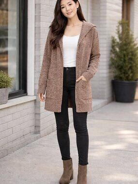 Tahari Hooded Open Front Marled Knit Sweater Cardigan with Pockets